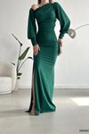 Yeşil Tek Omuzlu Açık Detay İthal Krep Kumaş Uzun Kol Abiye Elbise