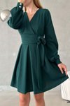 Zümrüt Yeşili Kruvaze Yaka İthal Krep Kumaş Uzun Kol Kuşaklı Mini Elbise
