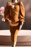Hardal Prenses Kol Yırtmaç Detaylı Kalp Yaka Midi Boy Elbise