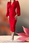 Kırmızı Düğme Detay Sırt Dekolteli Midi Boy Uzun Kol İthal Krep Kumaş Elbise
