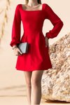 Kırmızı Kare Yaka Uzun Kol İthal Krep Kumaş Basic Mini Elbise