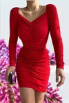 Kırmızı Simli Krep Kumaş Büzgü Detay Uzun Kol Mini Abiye Elbise