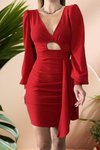 Kırmızı V Yaka Uzun Kol İthal Krep Kumaş Bel Dekolte Detay Mini Elbise