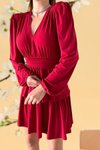 Kırmızı V Yaka Uzun Kol Sandy Kumaş Katlamalı Mini Elbise