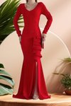 Kırmızı V Yaka Uzun Kol Yırtmaç Detay İthal Krep Kumaş Abiye Elbise