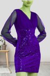 Mor Pullu Kadife Kruvaze Özel Günler Trend Mini Abiye Elbise