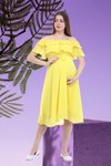 Sarı Carmen Yaka Şifon Midi Elbise