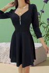 Siyah Düğme Detay İthal Krep Kumaş Uzun Kol Midi Kloş Elbise
