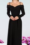 Siyah İnce Askılı Uzun Kol Yırtmaç Detay İthal Krep Kuma�ş Abiye Elbise