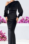 Siyah Tek Omuzlu Açık Detay Kadife Kumaş Uzun Kol Abiye Elbise