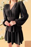Siyah V Yaka Uzun Kol Sandy Kumaş Katlamalı Mini Elbise