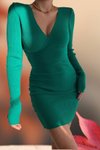 Yeşil Kruvaze Yaka Uzun Kol Basic Standart Beden Mini Triko Elbise