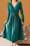 Yeşil Kruvaze Yaka Uzun Kol Krep Kumaş Pliseli Kemerli Elbise