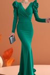 Yeşil Omuzları Volan Detay Uzun Kol Kuşaklı İthal Krep Kumaş Abiye Elbise