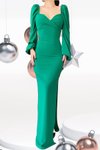 Yeşil Prenses Kol Yırtmaç Detay Kalp Yaka İthal Krep Kumaş Uzun Abiye Elbise