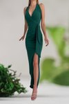 Yeşil Yırtmaç Detay İthal Krep Kumaş Uzun Abiye Elbise