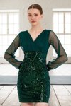 Zümrütyeşli Pullu Kadife Kruvaze Özel Günler Trend Mini Abiye Elbise