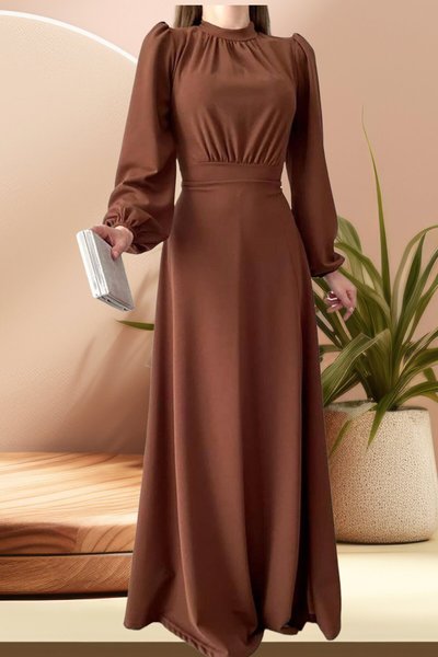 Kahverengi Uzun Kol Yırtmaçlı İthal Krep Kumaş Abiye Elbise