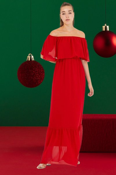 Kırmızı Carmen Yaka Uzun Şifon Elbise
