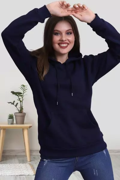 Lacivert Beyaz Kapüşonlu Üç İplik Sweatshirt