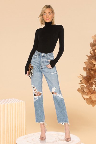 Siyah Balıkçı Yaka Parmak Geçmeli Bodysuit