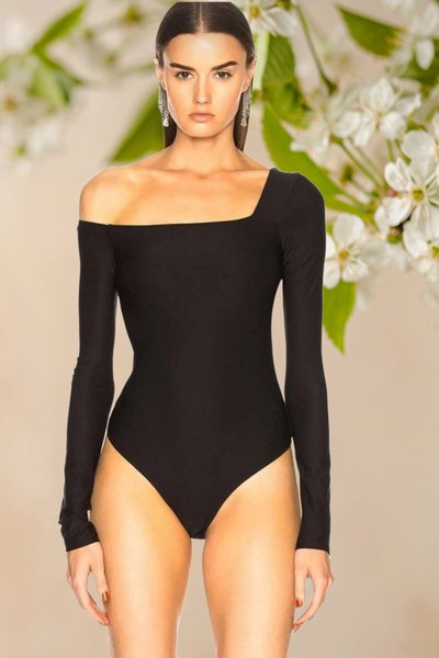 Siyah L Modeli İpek Jarse Yaka Detaylı Bodysuit