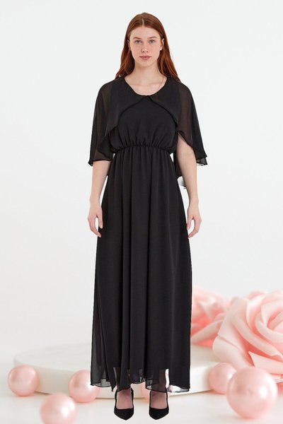 Siyah Şifon Pelerinli Trend Uzun Abiye Elbise
