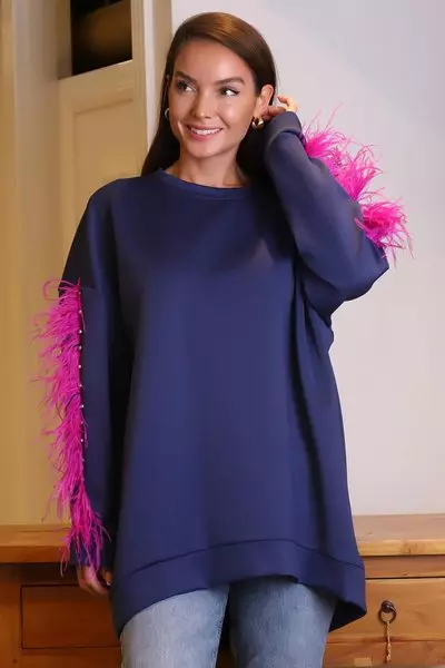 Lacivert Taşlı Kolları Tüylü Tunik