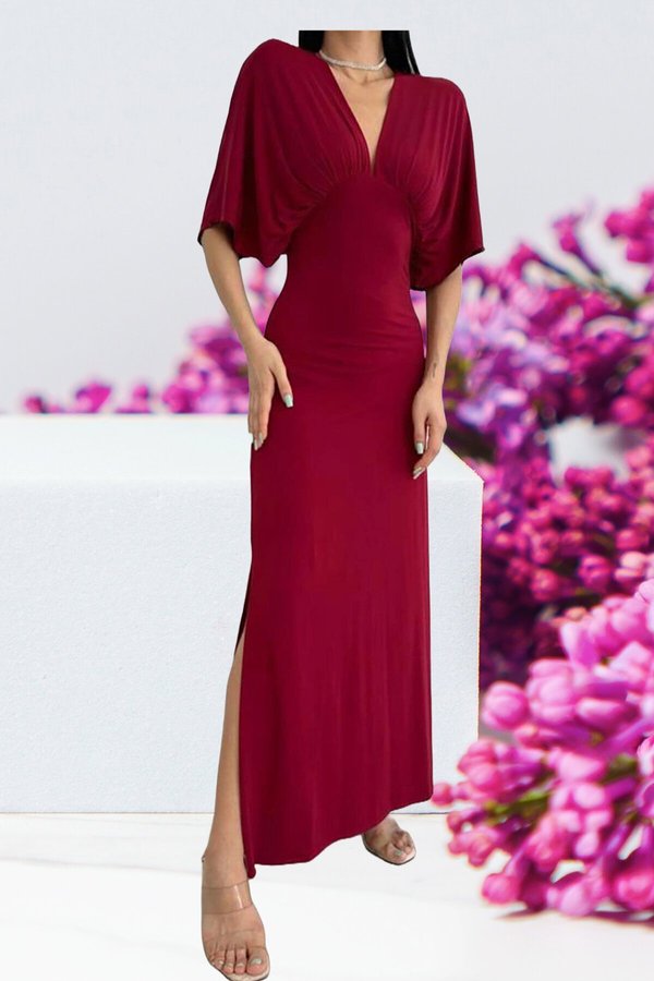 burgundy batwing dress Plum Ruched Bat Wing Sleeve Midi Dress – AX Paris US main image 1