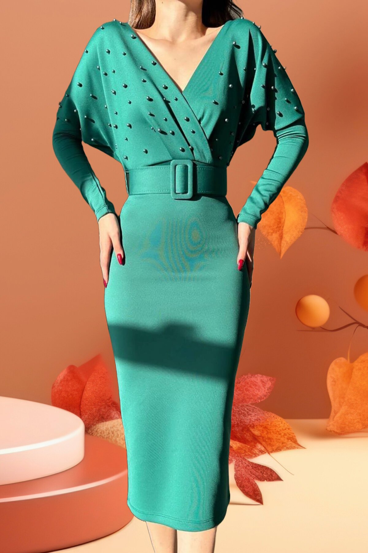 Green Belted Scuba Fabric Pearl Detailed Long Sleeve Midi Dress - Deafox