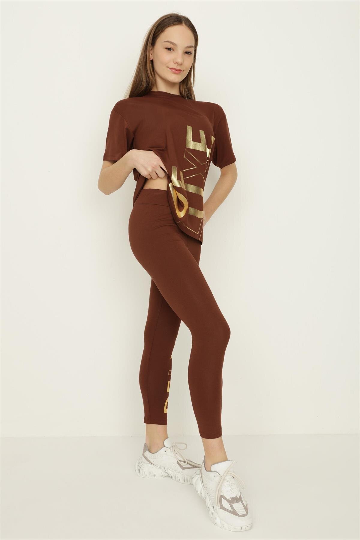 Select Moda Kahverengi Kız Çocuk Yazı Detaylı Uzun Tayt