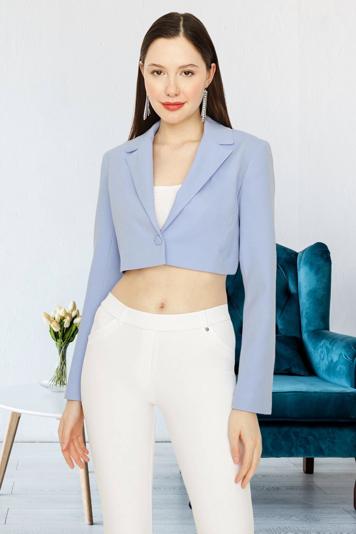 Select Moda Mavi Tek Düğme Kapamalı Crop Blazer Ceket