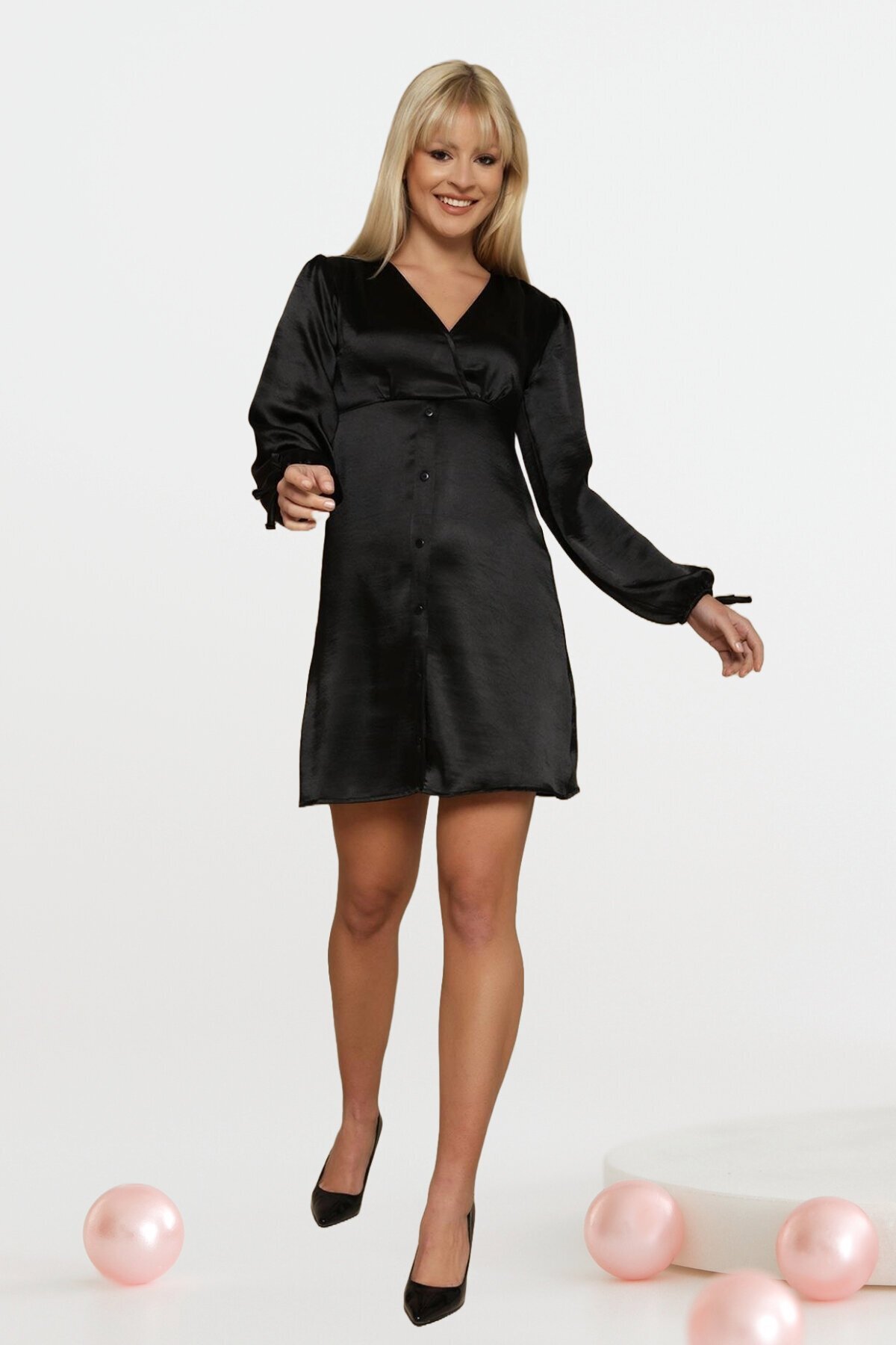 Black V-Neck Button Detail Balloon Sleeve Satin Mini Dress - Select Moda