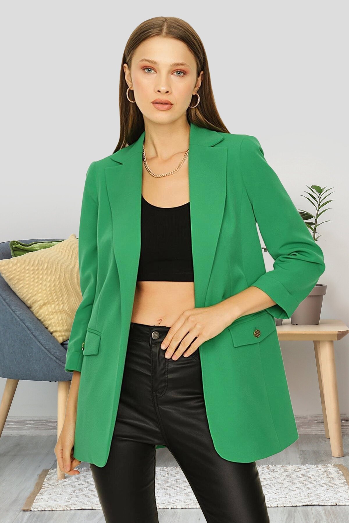 Select Moda Yeşil Kruvaze Yaka Gold Düğme Detaylı Blazer Ceket