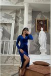 Saks Mavisi Kadife V Yaka Yırtmaçlı Bel Detaylı Vilyur Midi Abiye Elbise