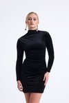 Siyah Kadife Büzgü Detaylı Mini Elbise