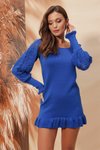 Saks Mavi Kol Dantel Detaylı U Yaka Eteği Fırfırlı Mini Elbise