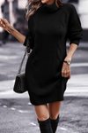 Siyah Saç Örgü &amp; Selanik Desenli Links Detay Boğazlı Uzun Kollu Sırt Mini Triko Tunik Elbise