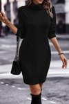 Siyah Saç Örgü &amp; Selanik Desenli Links Detay Boğazlı Uzun Kollu Sırt Mini Triko Tunik Elbise