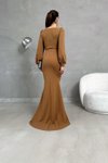 Kahverengi Balon Kol Balık Model İthal Krep Kumaş Uzun Abiye Elbise