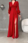 Kırmızı Krep Kumaş Önü Düğüm Detay Uzun Kollu Çift Yırtmaçlı Abiye Elbise
