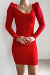 Kırmızı Uzun Prenses Kol Yarım Kalp Yaka Mini Boy İthal Krep Kumaş Elbise