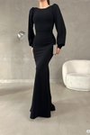Siyah Balon Kol Balık Model İthal Krep Kumaş Uzun Abiye Elbise