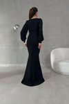 Siyah Balon Kol Balık Model İthal Krep Kumaş Uzun Abiye Elbise