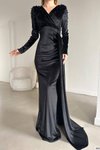 Siyah İnci Detaylı Kruvaze Yaka Uzun Kol Kuyruklu Kadife Kumaş Abiye Elbise