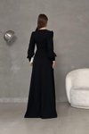 Siyah Krep Kumaş Önü Düğüm Detay Uzun Kollu Çift Yırtmaçlı Abiye Elbise