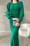 Yeşil Balon Kol Balık Model İthal Krep Kumaş Uzun Abiye Elbise