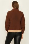 Kahverengi Renk Bloklu Dik Yaka Örme Sweatshirt