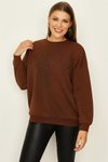 Kahverengi Yazı Detaylı Basic Örme Sweatshirt