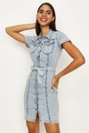 Mavi Düğmeli Kemerli Mini Kot Elbise